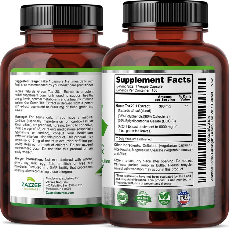 20:1 Green Tea Extract, 6000 Mg Strength, 50% EGCG, 98% Polyphenols and 80% Catcehins, 120 Vegan Capsules, Weight Management, Non-Gmo