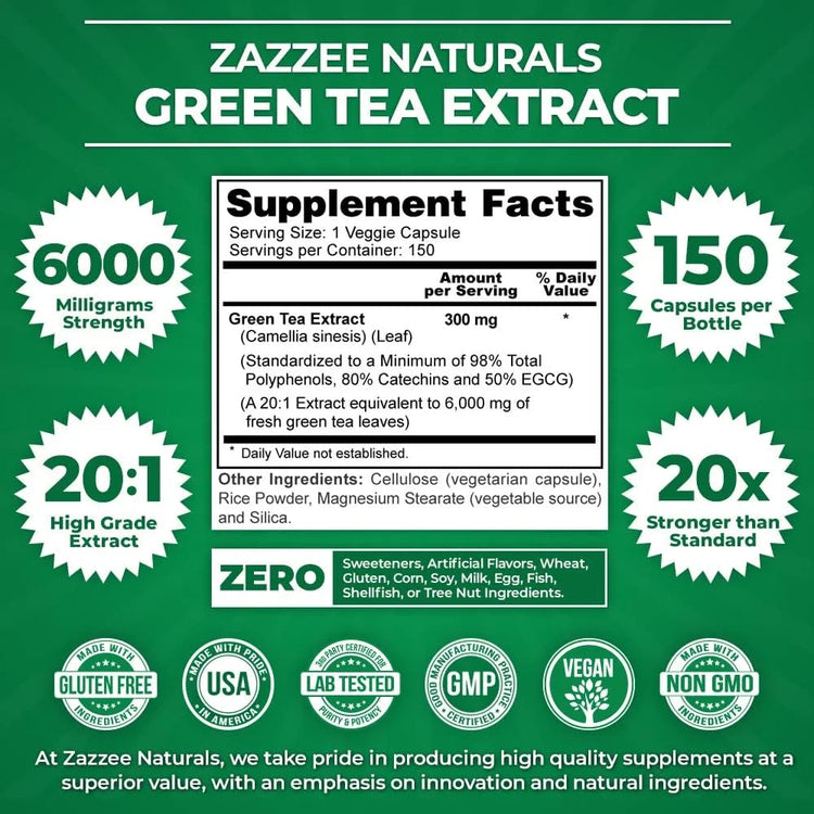 20:1 Green Tea Extract, 6000 Mg Strength, 50% EGCG, 98% Polyphenols and 80% Catcehins, 120 Vegan Capsules, Weight Management, Non-Gmo