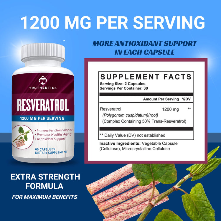 Resveratrol Supplement 1200Mg (2 Pack) - Trans-Resveratrol Extra Strength Antioxidant, Vegan Capsules