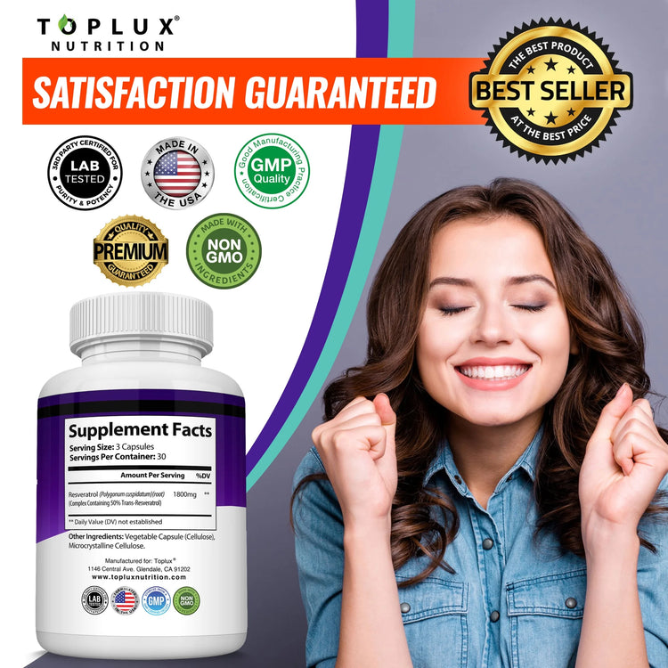 Resveratrol Supplement 1800Mg Trans-Resveratrol for Antioxidant Anti-Aging Support 90 Capsules