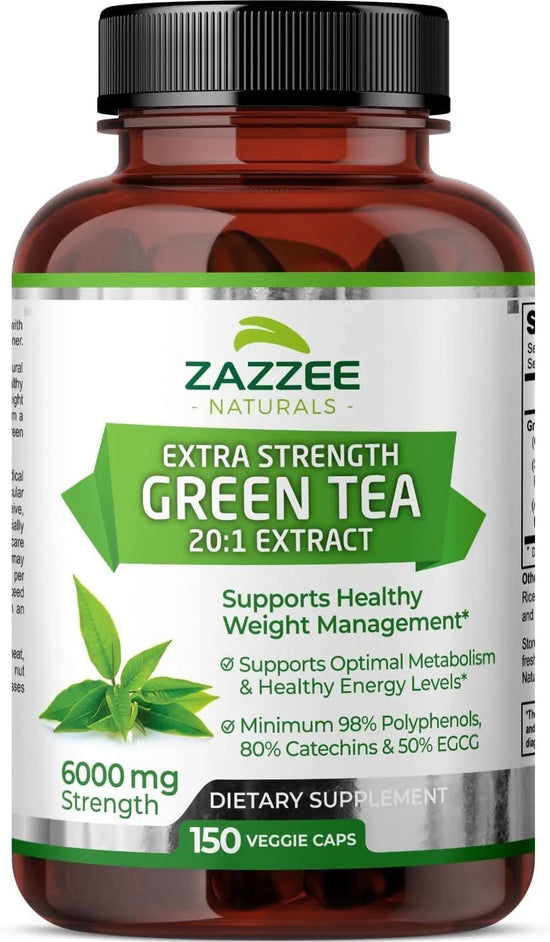20:1 Green Tea Extract, 6000 Mg Strength, 50% EGCG, 98% Polyphenols and 80% Catcehins, 120 Vegan Capsules, Weight Management, Non-Gmo