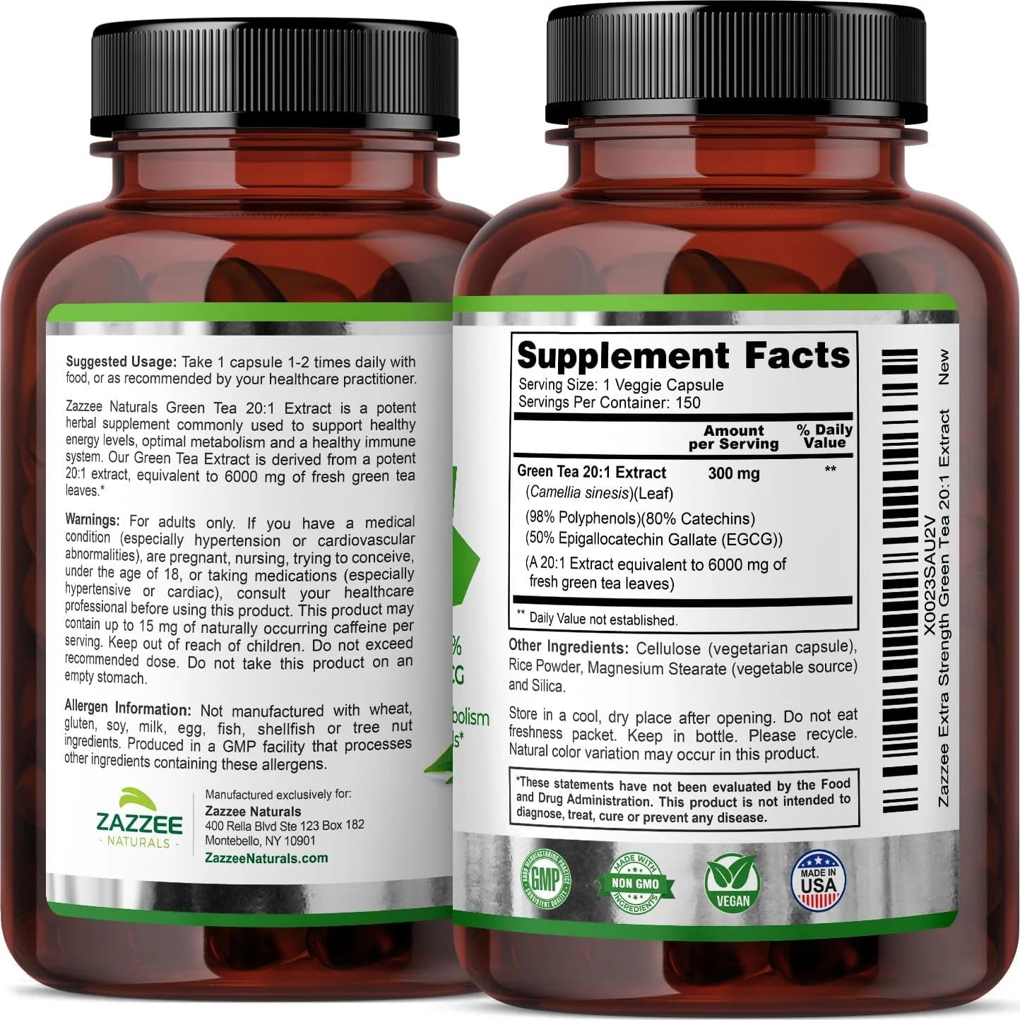 20:1 Green Tea Extract, 6000 Mg Strength, 50% EGCG, 98% Polyphenols and 80% Catcehins, 120 Vegan Capsules, Weight Management, Non-Gmo