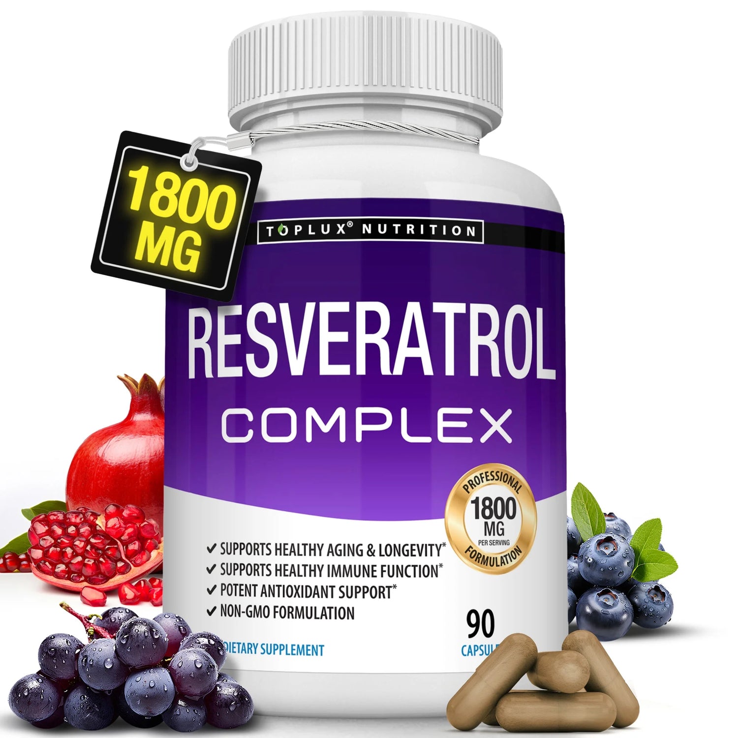Resveratrol Supplement 1800Mg Trans-Resveratrol for Antioxidant Anti-Aging Support 90 Capsules