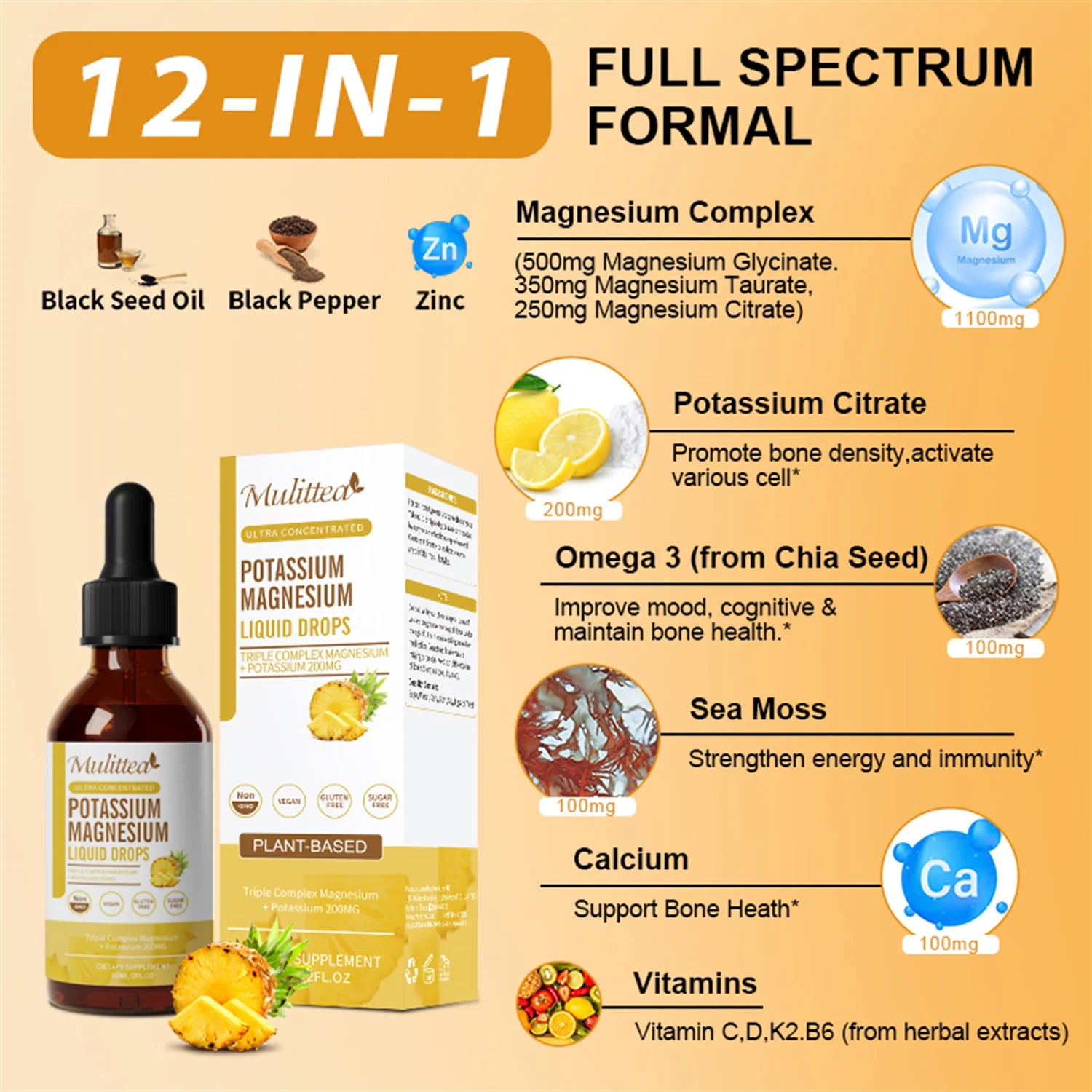 Potassium Magnesium Supplement with Potassium 200Mg, Magnesium Complex 1100Mg, Calcium 100Mg, Vatmin D3&K2, Vegan Drops for Muscle & Bone Health, Leg Cramps, Heart Support, 2 Fl Oz